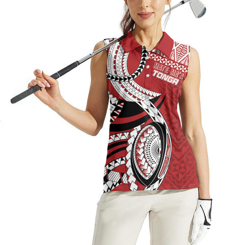 Mate Ma'a Tonga Rugby Custom Kupesi Motifs Women Sleeveless Polo Shirt Red Waves