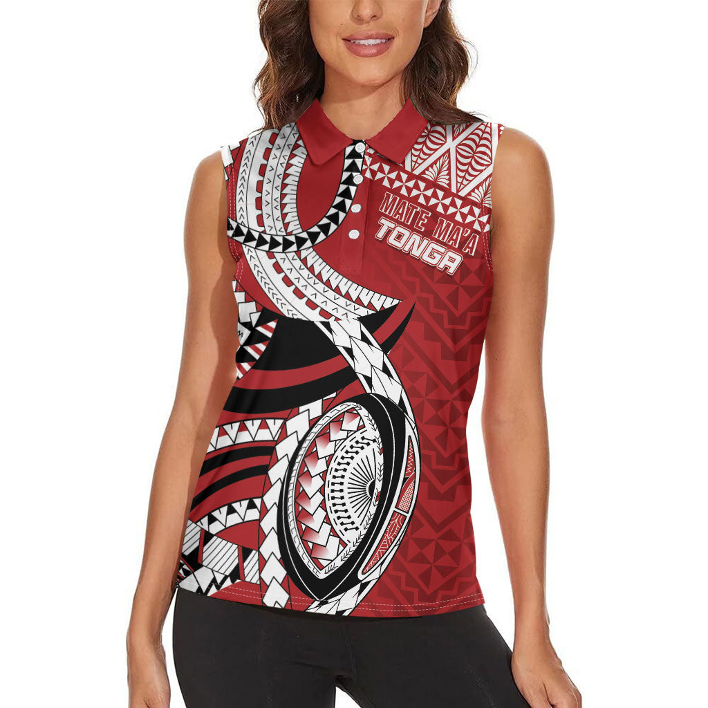 Mate Ma'a Tonga Rugby Custom Kupesi Motifs Women Sleeveless Polo Shirt Red Waves