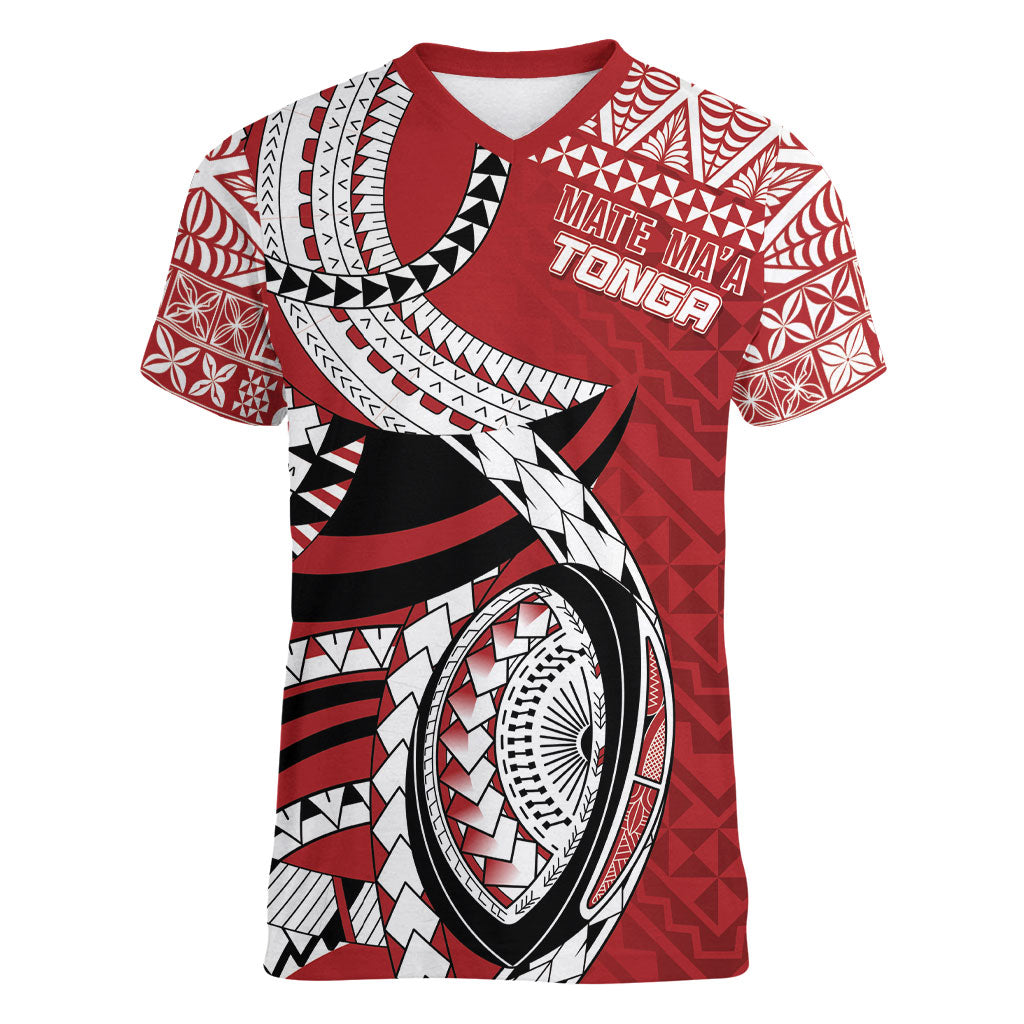 Mate Ma'a Tonga Rugby Custom Kupesi Motifs Women V-Neck T-Shirt Red Waves