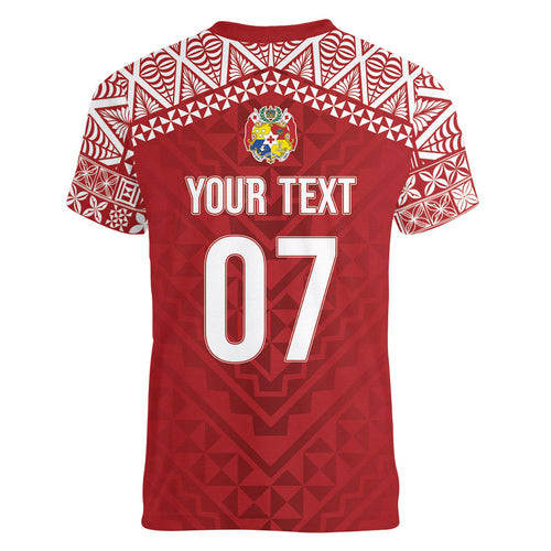 Mate Ma'a Tonga Rugby Custom Kupesi Motifs Women V-Neck T-Shirt Red Waves