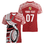 Mate Ma'a Tonga Rugby Custom Kupesi Motifs Women V-Neck T-Shirt Red Waves