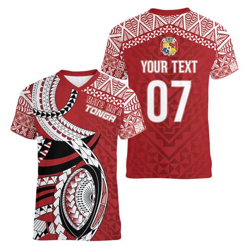 Mate Ma'a Tonga Rugby Custom Kupesi Motifs Women V-Neck T-Shirt Red Waves