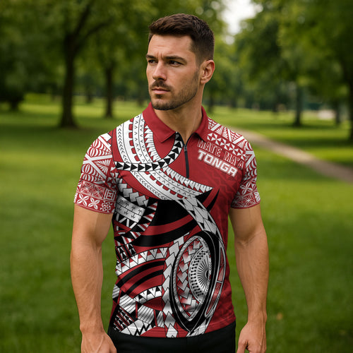 Mate Ma'a Tonga Rugby Custom Kupesi Motifs Zipper Polo Shirt Red Waves