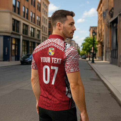 Mate Ma'a Tonga Rugby Custom Kupesi Motifs Zipper Polo Shirt Red Waves