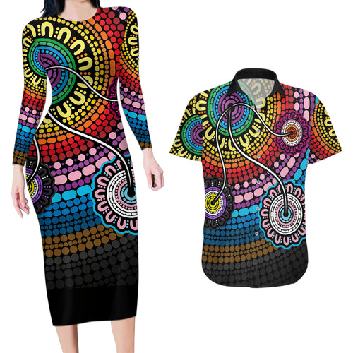 australia-lgbtq-history-month-couples-matching-long-sleeve-bodycon-dress-and-hawaiian-shirt-indigenous-rainbows-pride-be-you