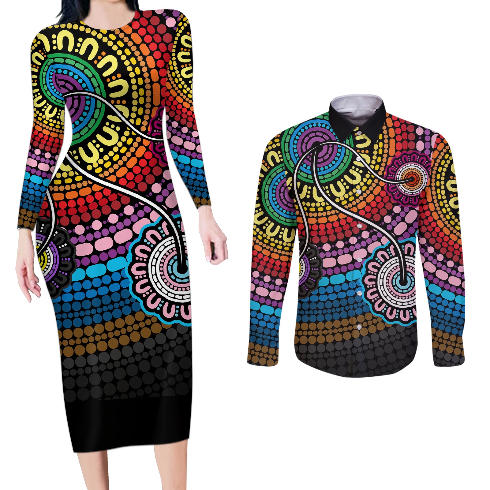 australia-lgbtq-history-month-couples-matching-long-sleeve-bodycon-dress-and-long-sleeve-button-shirts-indigenous-rainbows-pride-be-you