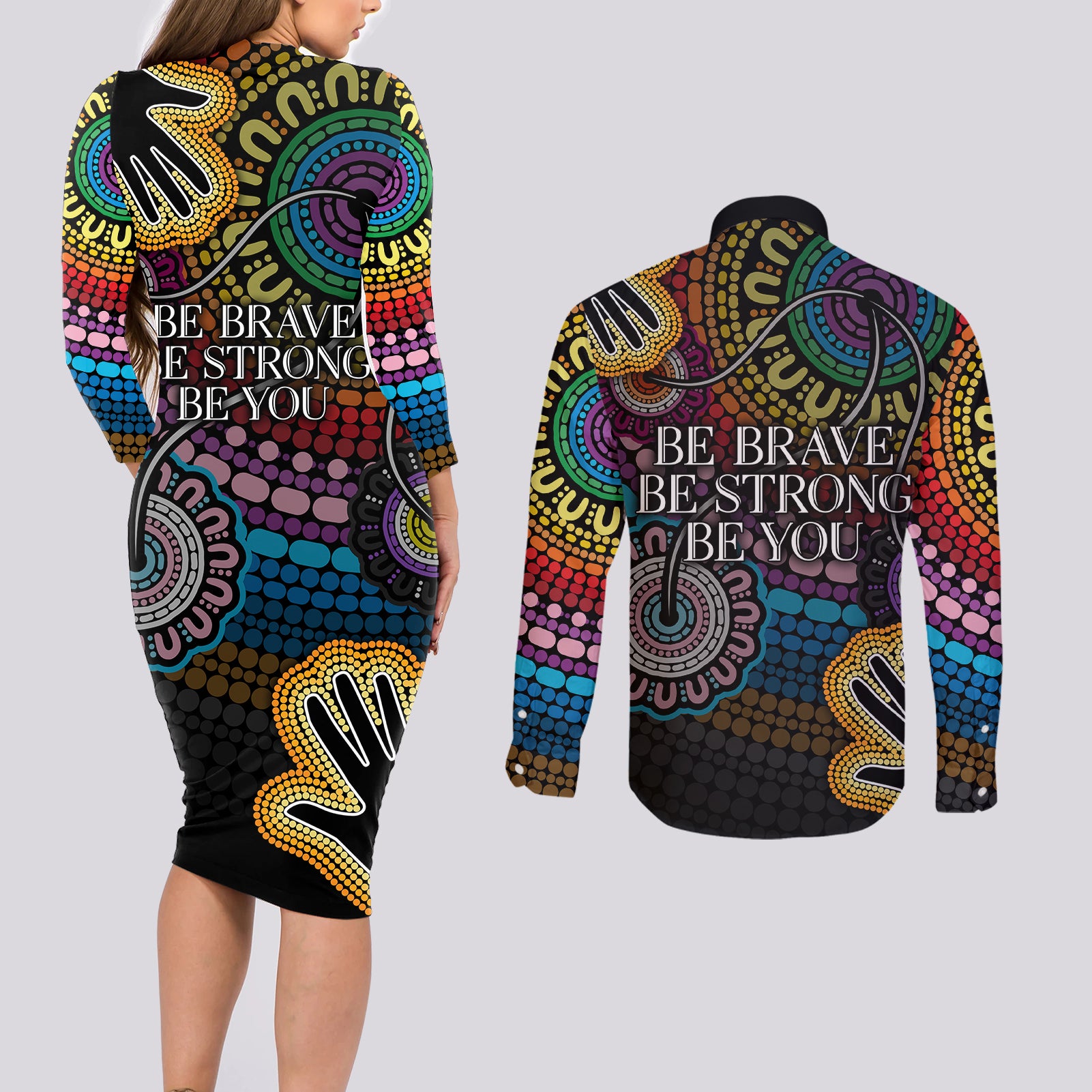 australia-lgbtq-history-month-couples-matching-long-sleeve-bodycon-dress-and-long-sleeve-button-shirts-indigenous-rainbows-pride-be-you