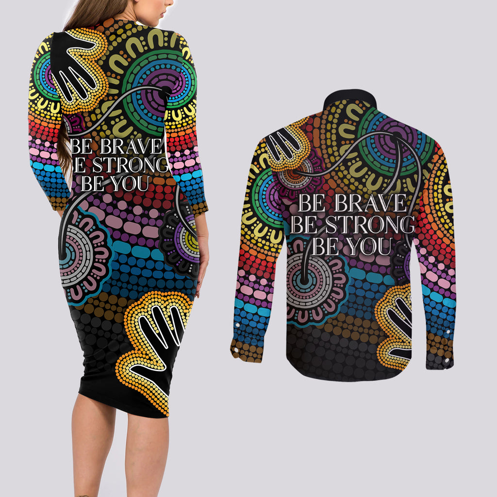 australia-lgbtq-history-month-couples-matching-long-sleeve-bodycon-dress-and-long-sleeve-button-shirts-indigenous-rainbows-pride-be-you