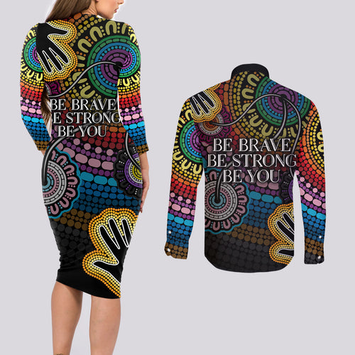 australia-lgbtq-history-month-couples-matching-long-sleeve-bodycon-dress-and-long-sleeve-button-shirts-indigenous-rainbows-pride-be-you
