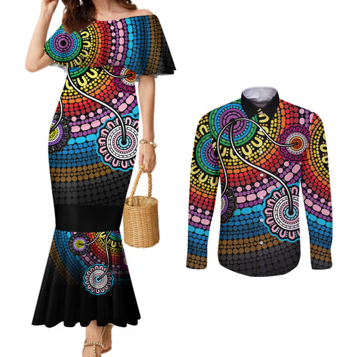 australia-lgbtq-history-month-couples-matching-mermaid-dress-and-long-sleeve-button-shirts-indigenous-rainbows-pride-be-you