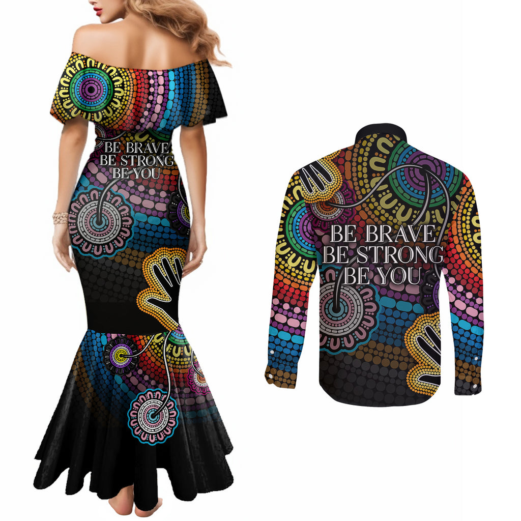 australia-lgbtq-history-month-couples-matching-mermaid-dress-and-long-sleeve-button-shirts-indigenous-rainbows-pride-be-you