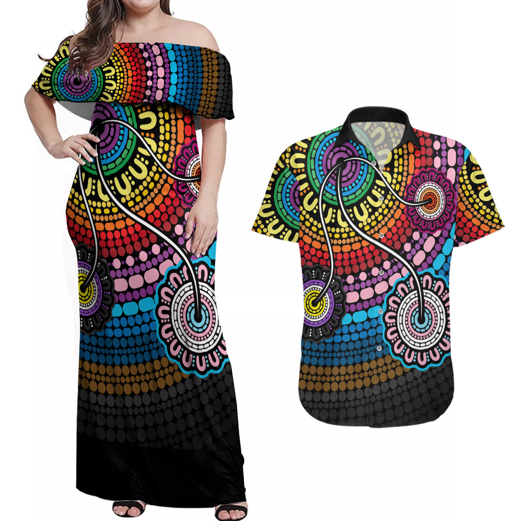 australia-lgbtq-history-month-couples-matching-off-shoulder-maxi-dress-and-hawaiian-shirt-indigenous-rainbows-pride-be-you