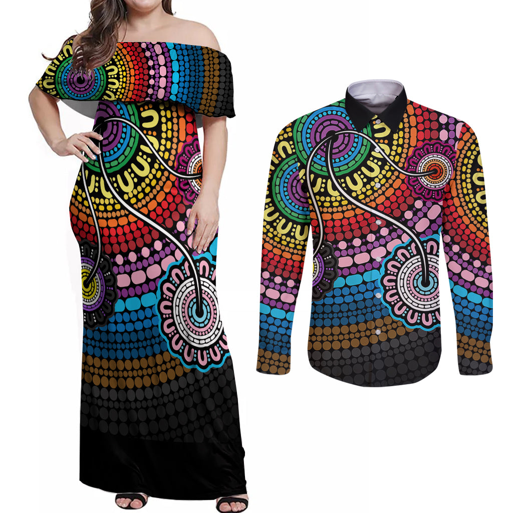 australia-lgbtq-history-month-couples-matching-off-shoulder-maxi-dress-and-long-sleeve-button-shirts-indigenous-rainbows-pride-be-you