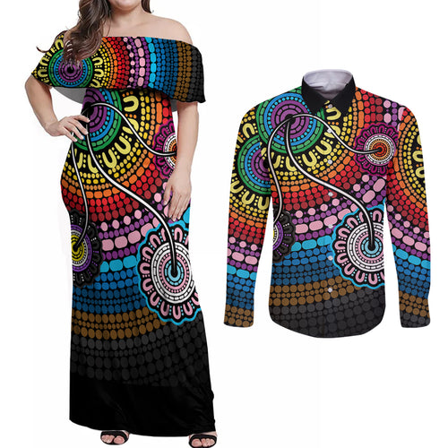 australia-lgbtq-history-month-couples-matching-off-shoulder-maxi-dress-and-long-sleeve-button-shirts-indigenous-rainbows-pride-be-you