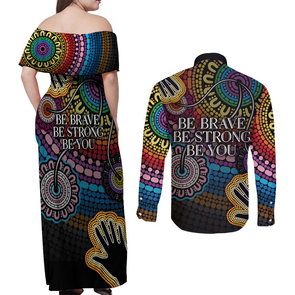 australia-lgbtq-history-month-couples-matching-off-shoulder-maxi-dress-and-long-sleeve-button-shirts-indigenous-rainbows-pride-be-you