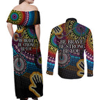 australia-lgbtq-history-month-couples-matching-off-shoulder-maxi-dress-and-long-sleeve-button-shirts-indigenous-rainbows-pride-be-you