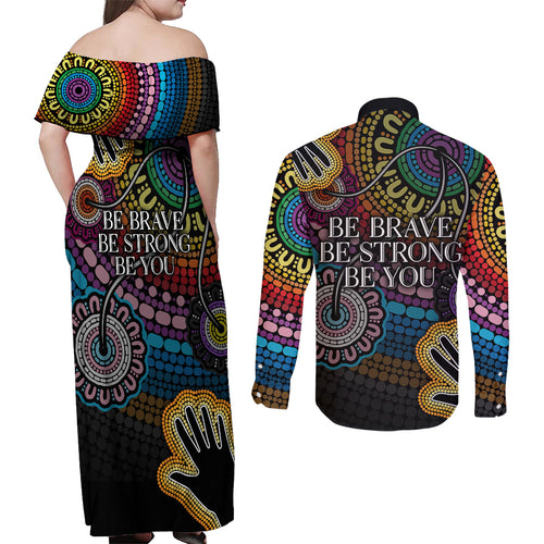 australia-lgbtq-history-month-couples-matching-off-shoulder-maxi-dress-and-long-sleeve-button-shirts-indigenous-rainbows-pride-be-you