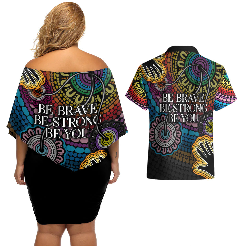 australia-lgbtq-history-month-couples-matching-off-shoulder-short-dress-and-hawaiian-shirt-indigenous-rainbows-pride-be-you