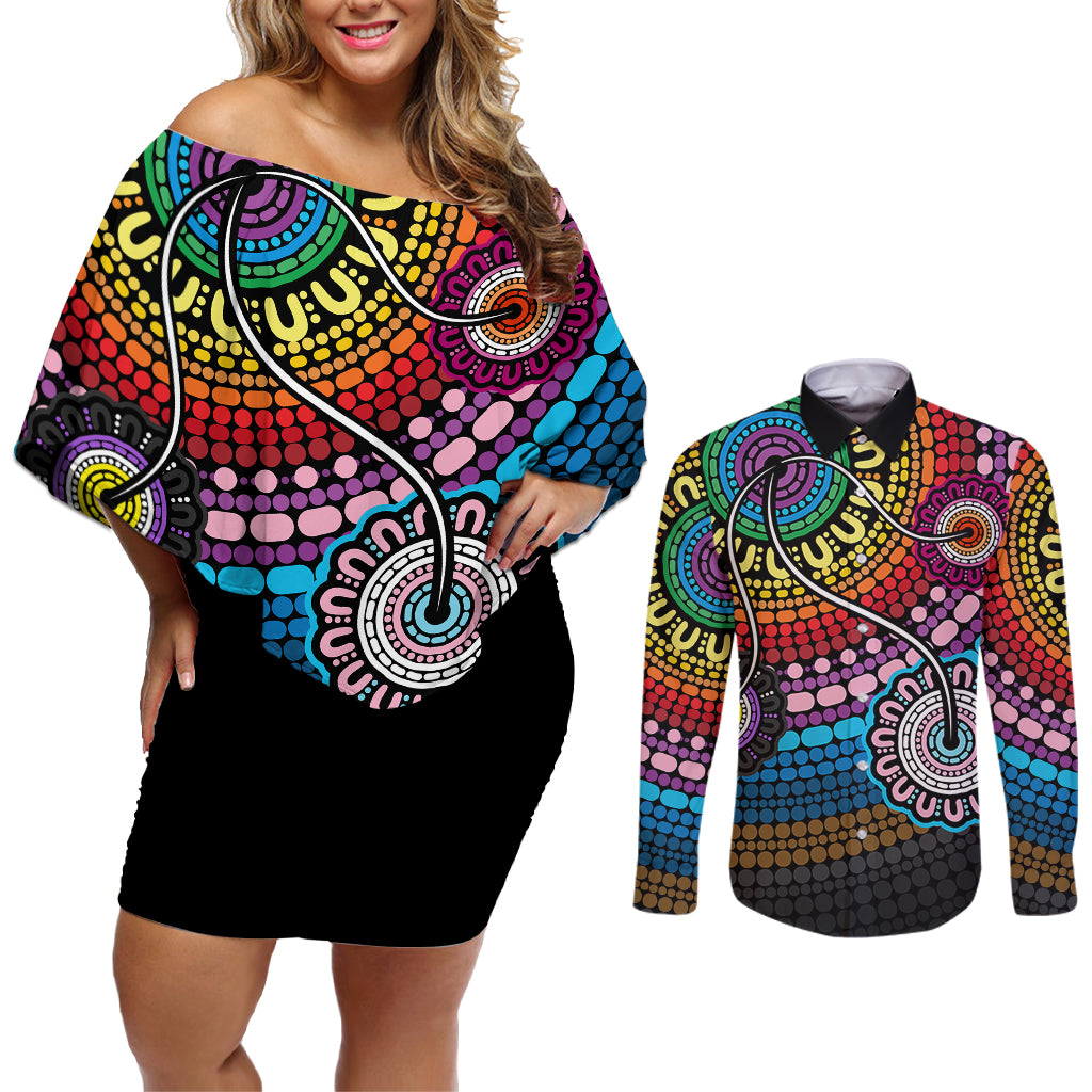 australia-lgbtq-history-month-couples-matching-off-shoulder-short-dress-and-long-sleeve-button-shirts-indigenous-rainbows-pride-be-you