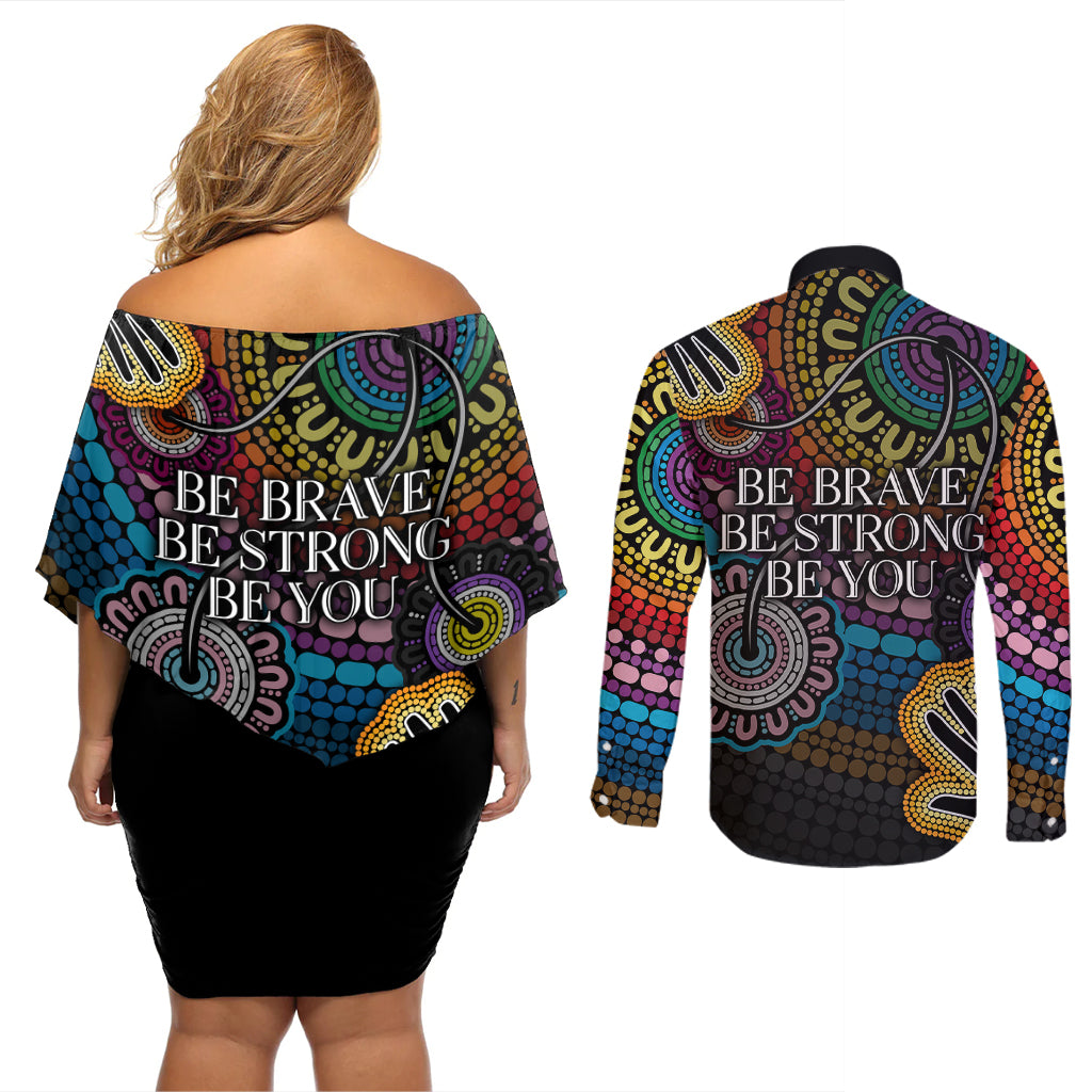 australia-lgbtq-history-month-couples-matching-off-shoulder-short-dress-and-long-sleeve-button-shirts-indigenous-rainbows-pride-be-you