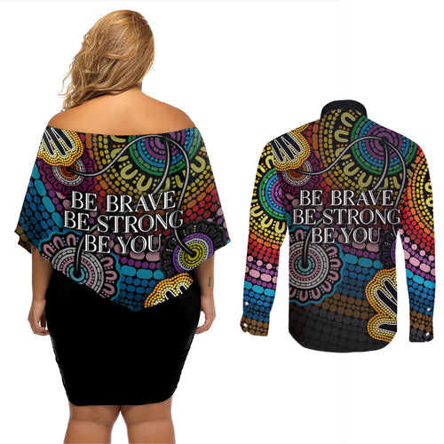 australia-lgbtq-history-month-couples-matching-off-shoulder-short-dress-and-long-sleeve-button-shirts-indigenous-rainbows-pride-be-you