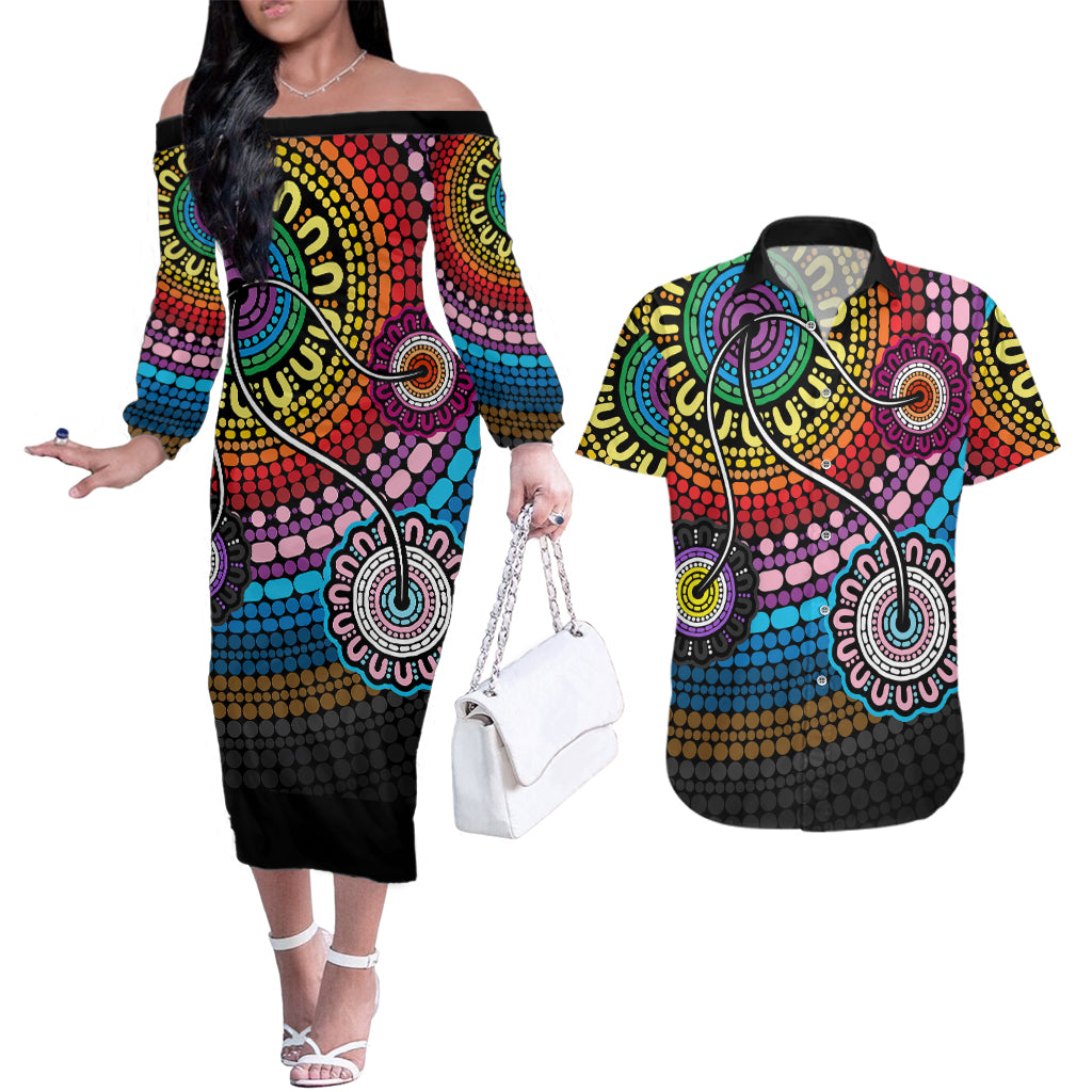 australia-lgbtq-history-month-couples-matching-off-the-shoulder-long-sleeve-dress-and-hawaiian-shirt-indigenous-rainbows-pride-be-you