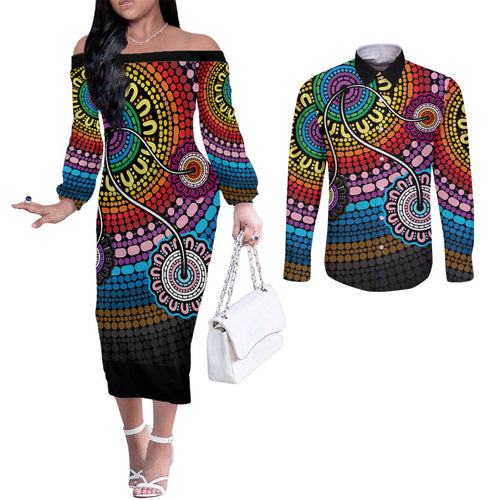australia-lgbtq-history-month-couples-matching-off-the-shoulder-long-sleeve-dress-and-long-sleeve-button-shirts-indigenous-rainbows-pride-be-you