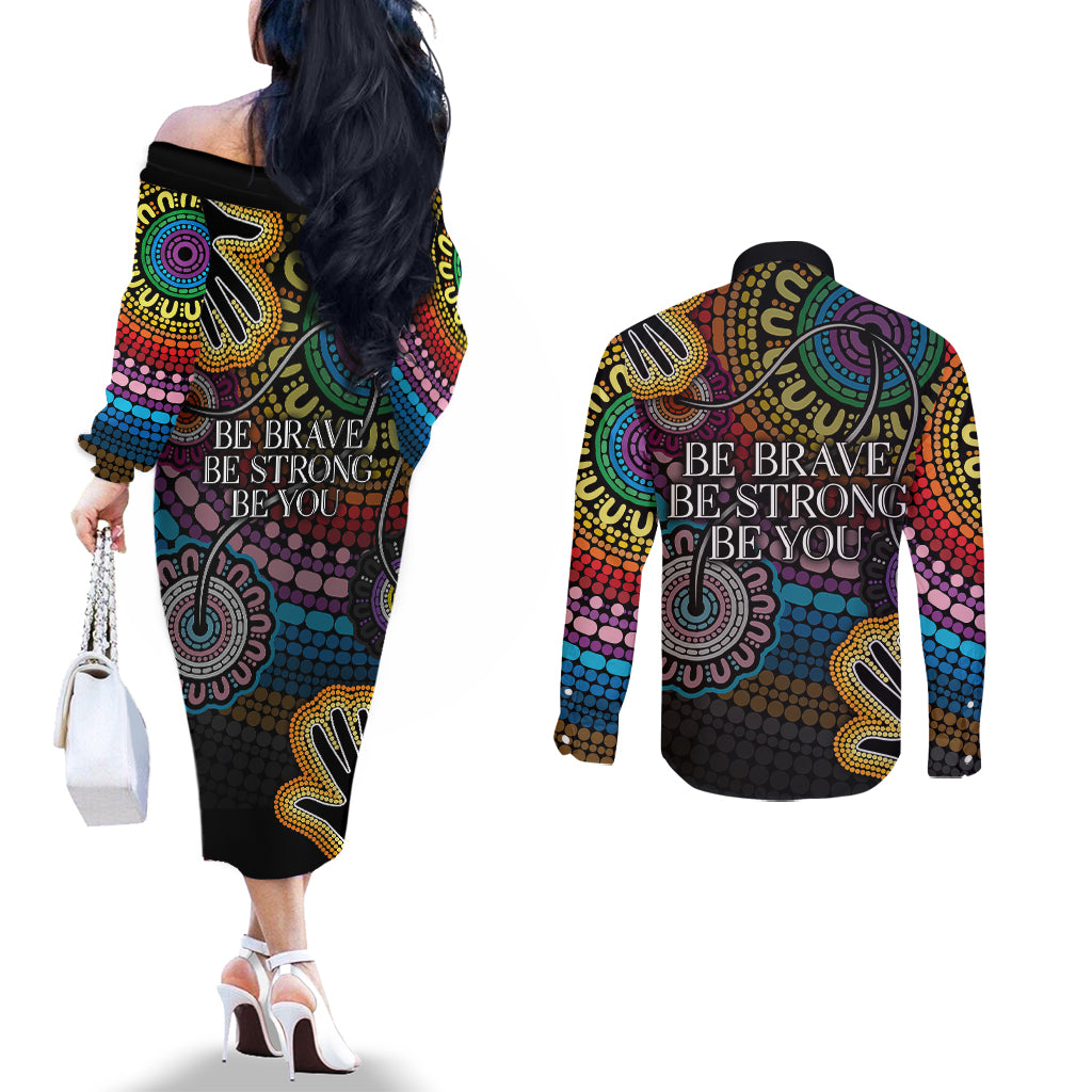 australia-lgbtq-history-month-couples-matching-off-the-shoulder-long-sleeve-dress-and-long-sleeve-button-shirts-indigenous-rainbows-pride-be-you