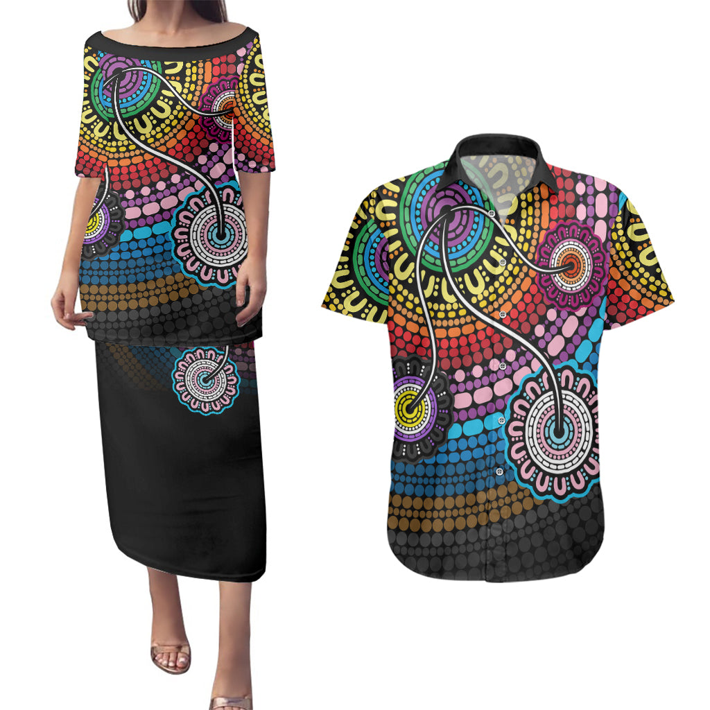 australia-lgbtq-history-month-couples-matching-puletasi-dress-and-hawaiian-shirt-indigenous-rainbows-pride-be-you