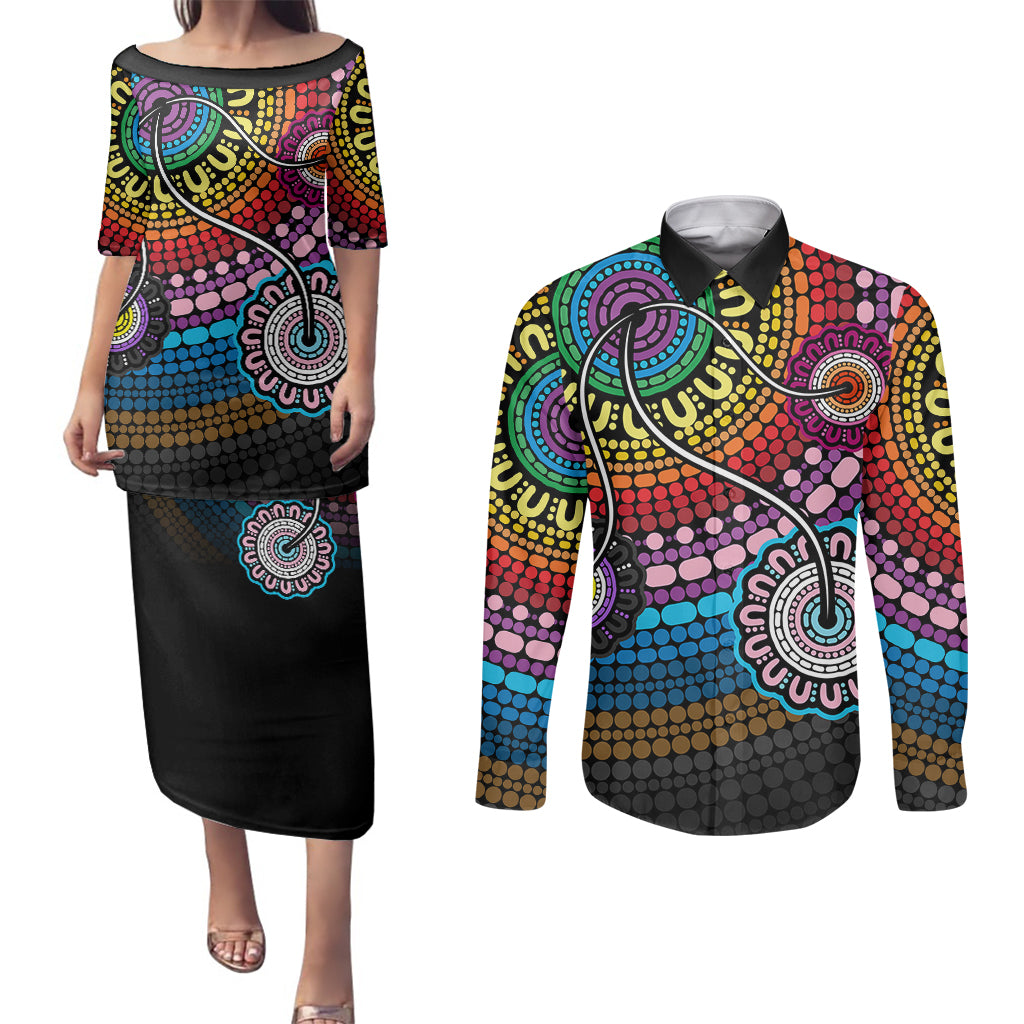 australia-lgbtq-history-month-couples-matching-puletasi-dress-and-long-sleeve-button-shirts-indigenous-rainbows-pride-be-you