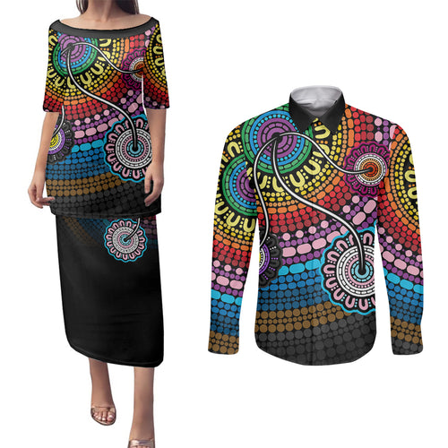 australia-lgbtq-history-month-couples-matching-puletasi-dress-and-long-sleeve-button-shirts-indigenous-rainbows-pride-be-you