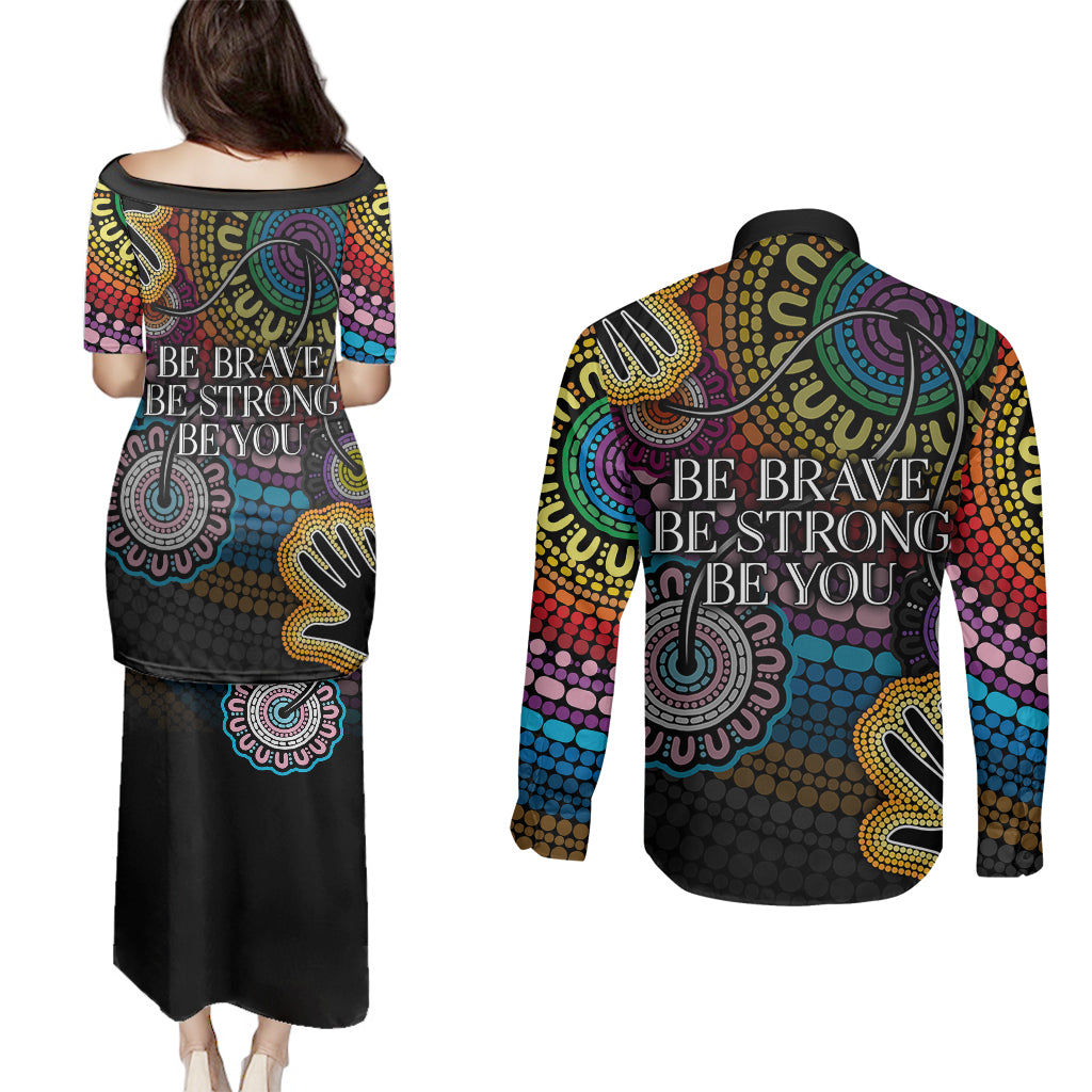 australia-lgbtq-history-month-couples-matching-puletasi-dress-and-long-sleeve-button-shirts-indigenous-rainbows-pride-be-you