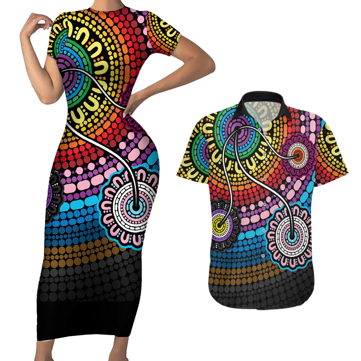 australia-lgbtq-history-month-couples-matching-short-sleeve-bodycon-dress-and-hawaiian-shirt-indigenous-rainbows-pride-be-you
