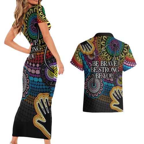 australia-lgbtq-history-month-couples-matching-short-sleeve-bodycon-dress-and-hawaiian-shirt-indigenous-rainbows-pride-be-you
