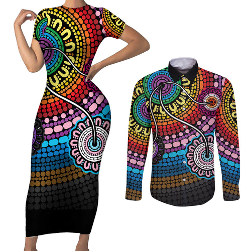 australia-lgbtq-history-month-couples-matching-short-sleeve-bodycon-dress-and-long-sleeve-button-shirts-indigenous-rainbows-pride-be-you