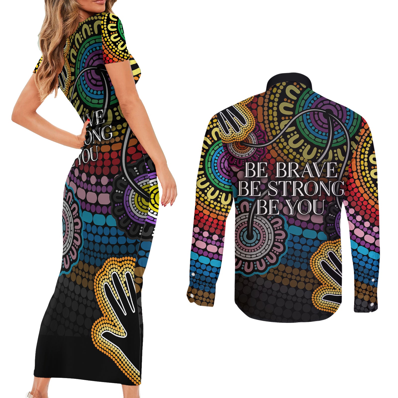 australia-lgbtq-history-month-couples-matching-short-sleeve-bodycon-dress-and-long-sleeve-button-shirts-indigenous-rainbows-pride-be-you