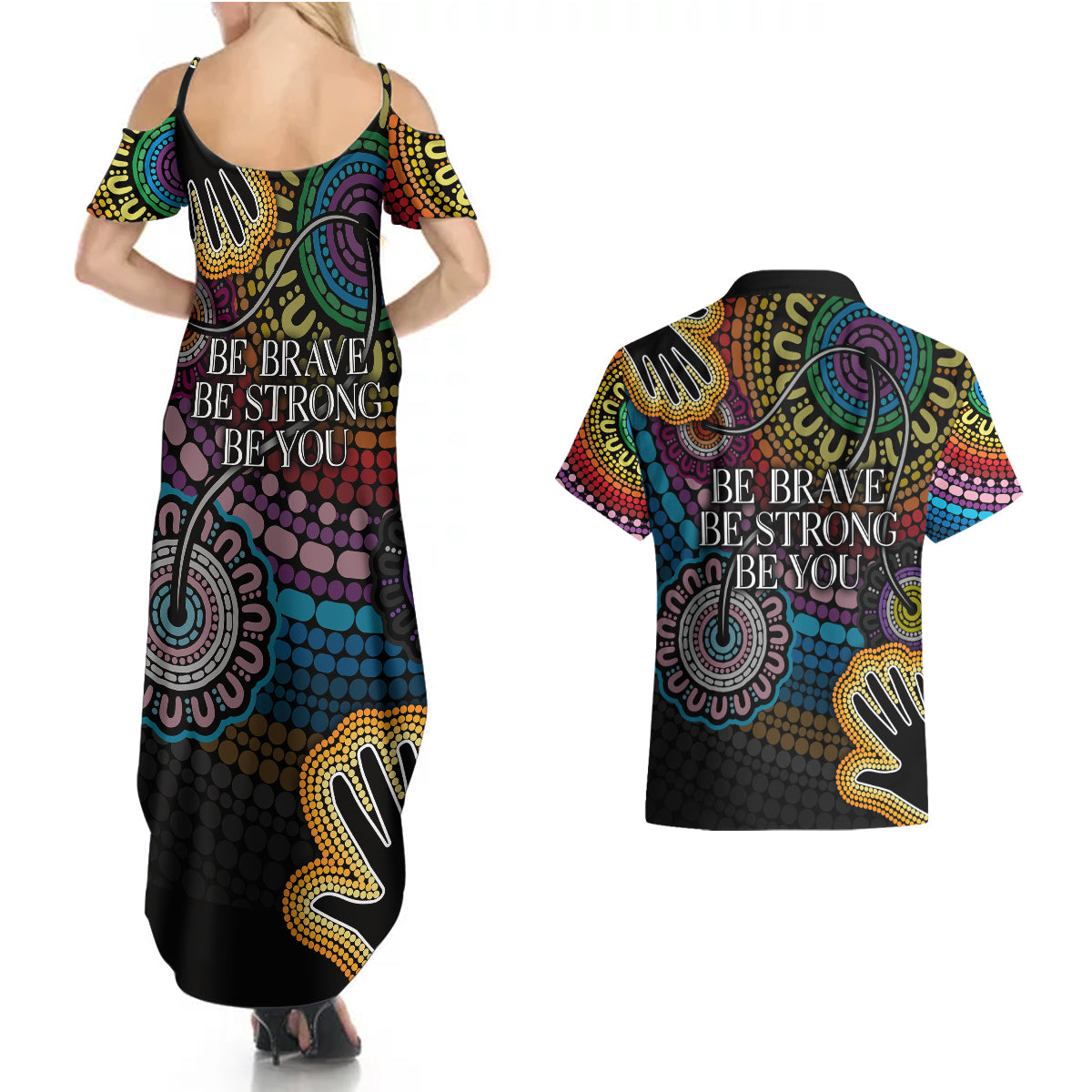 australia-lgbtq-history-month-couples-matching-summer-maxi-dress-and-hawaiian-shirt-indigenous-rainbows-pride-be-you