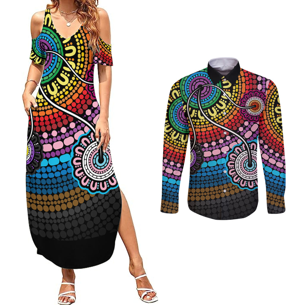 australia-lgbtq-history-month-couples-matching-summer-maxi-dress-and-long-sleeve-button-shirts-indigenous-rainbows-pride-be-you