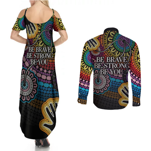 australia-lgbtq-history-month-couples-matching-summer-maxi-dress-and-long-sleeve-button-shirts-indigenous-rainbows-pride-be-you