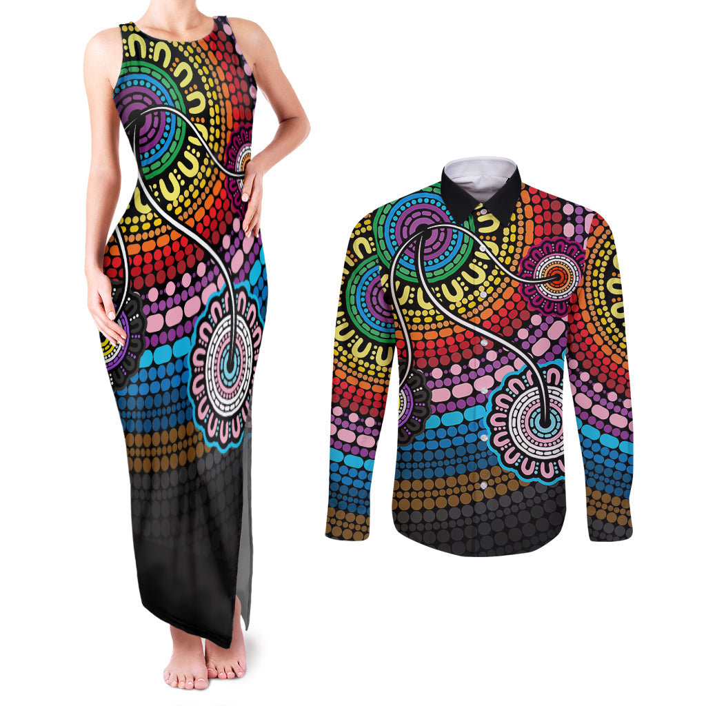 australia-lgbtq-history-month-couples-matching-tank-maxi-dress-and-long-sleeve-button-shirts-indigenous-rainbows-pride-be-you