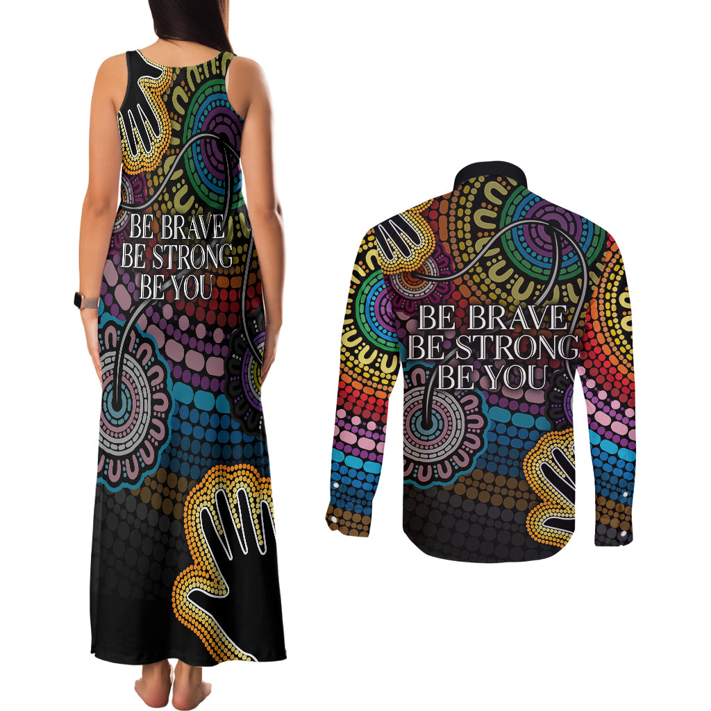 australia-lgbtq-history-month-couples-matching-tank-maxi-dress-and-long-sleeve-button-shirts-indigenous-rainbows-pride-be-you