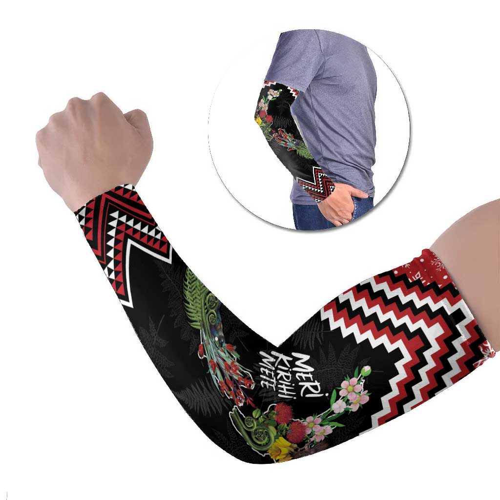 New Zealand Christmas Taniko Poutama Arm Sleeves Flora Map with Birds - Aussie Hoodie