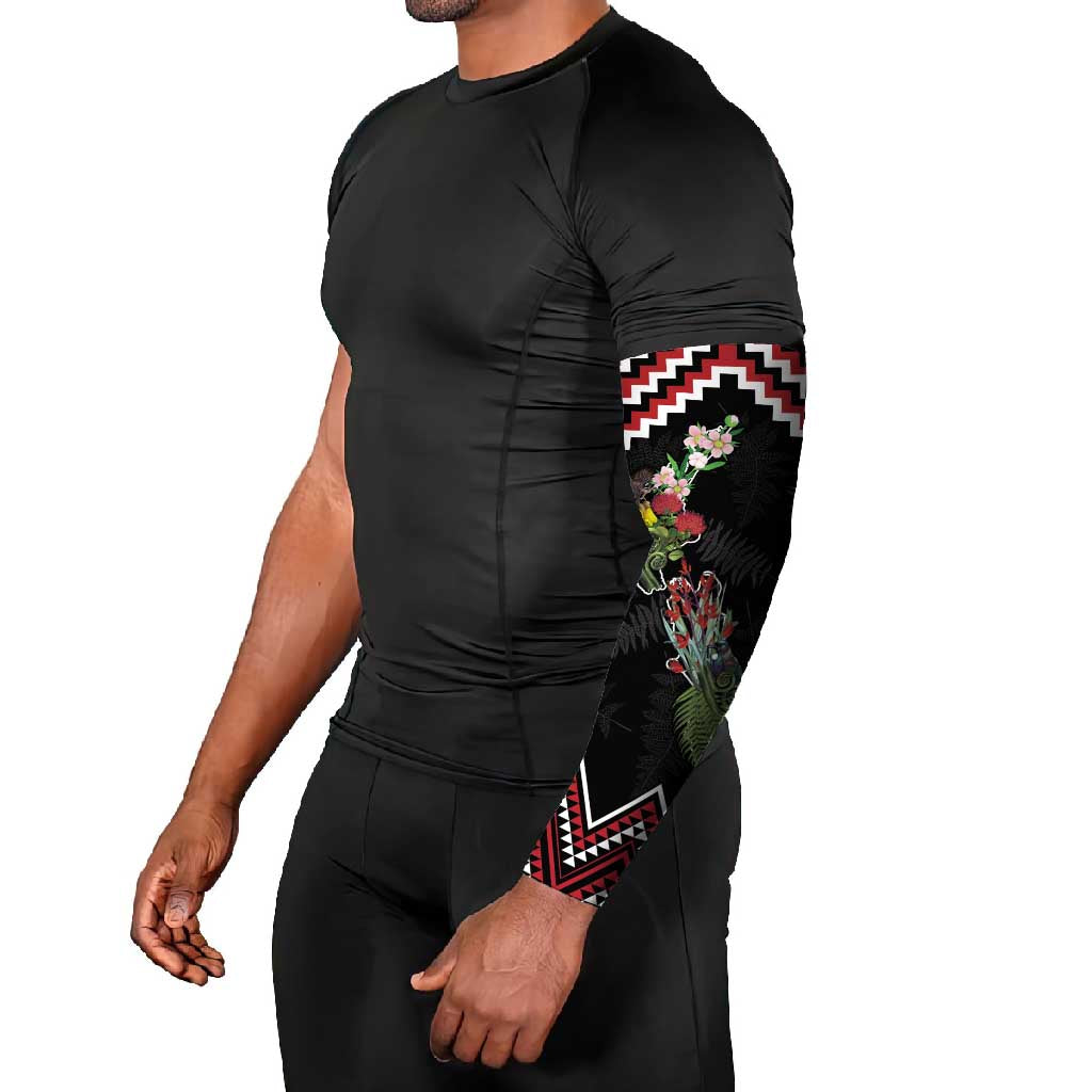 New Zealand Christmas Taniko Poutama Arm Sleeves Flora Map with Birds - Aussie Hoodie