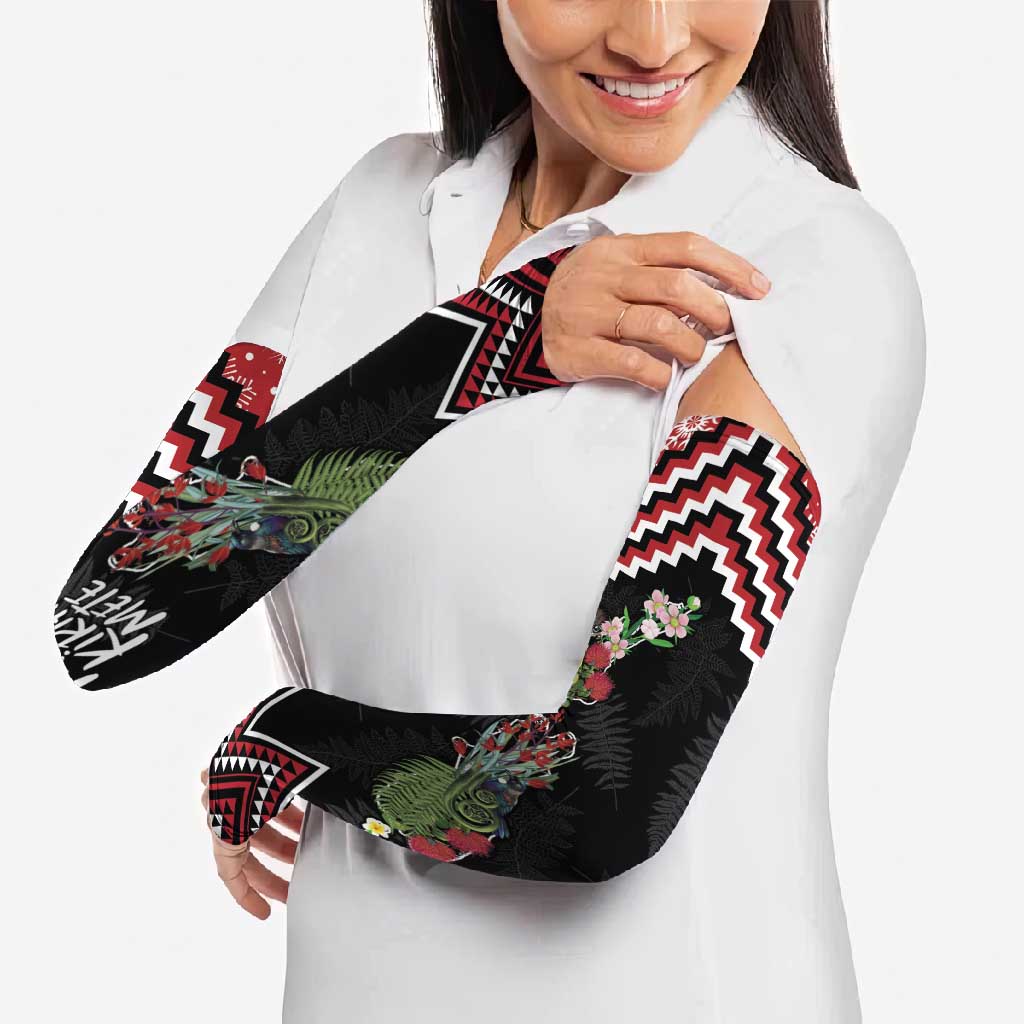 New Zealand Christmas Taniko Poutama Arm Sleeves Flora Map with Birds - Aussie Hoodie