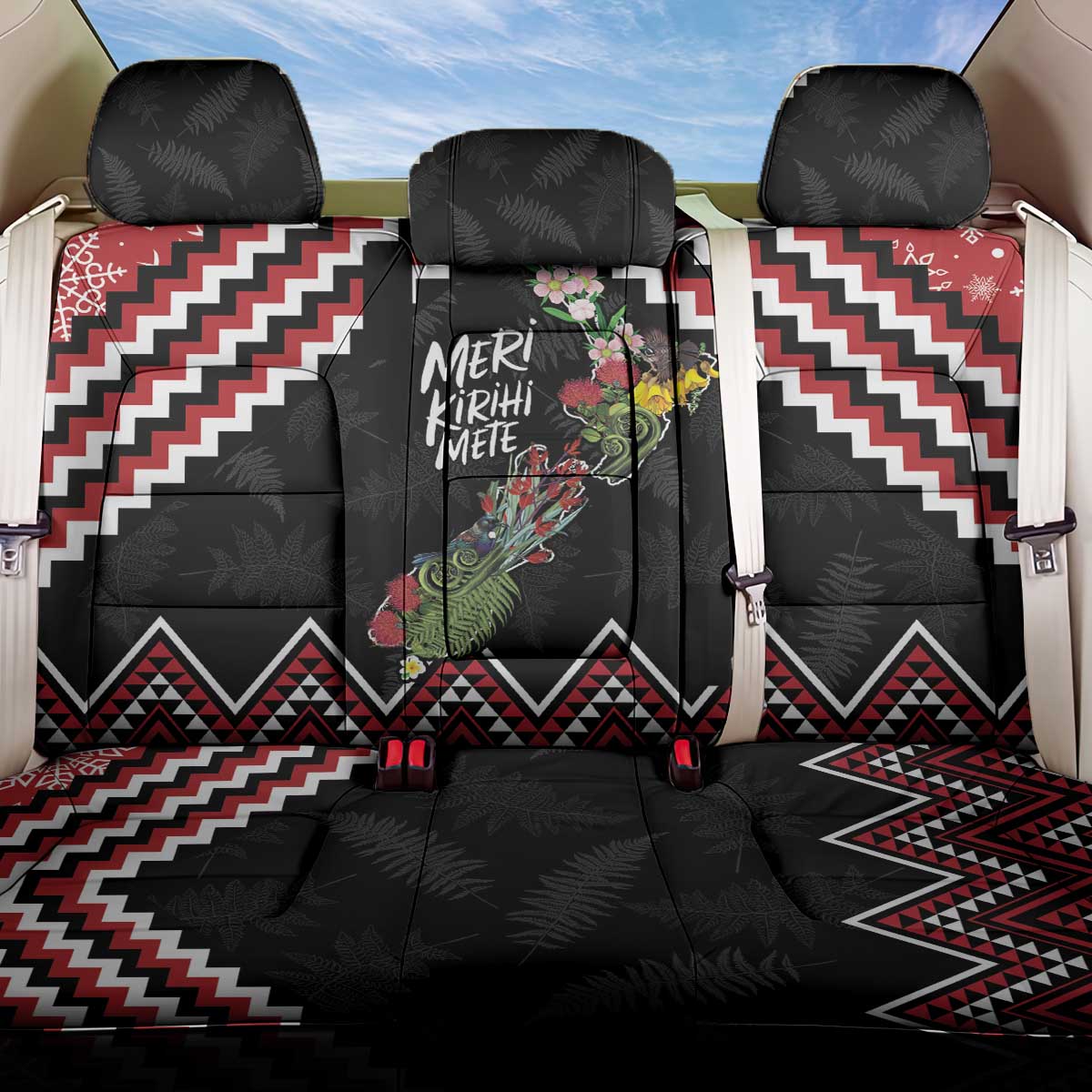 New Zealand Christmas Taniko Poutama Back Car Seat Cover Flora Map with Birds - Aussie Hoodie