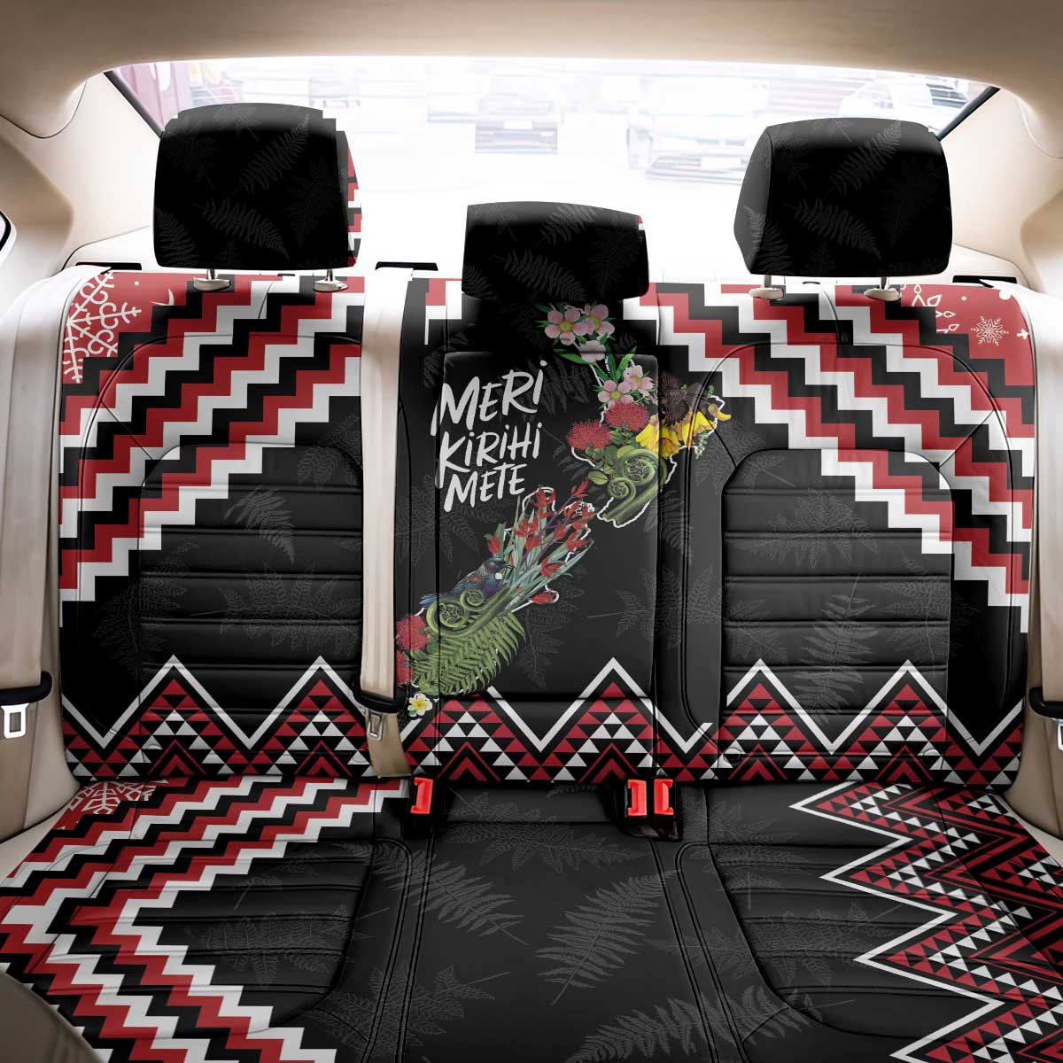 New Zealand Christmas Taniko Poutama Back Car Seat Cover Flora Map with Birds - Aussie Hoodie