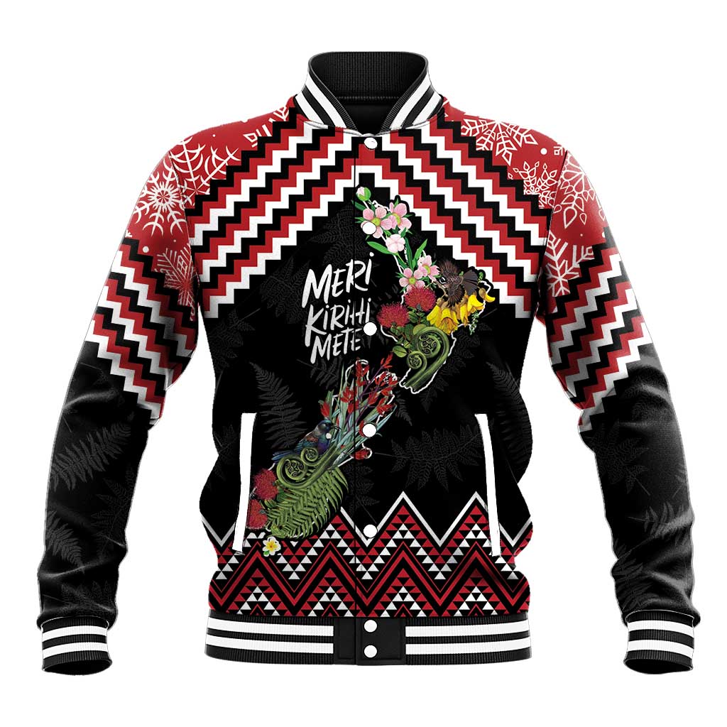 New Zealand Christmas Taniko Poutama Baseball Jacket Flora Map with Birds - Aussie Hoodie