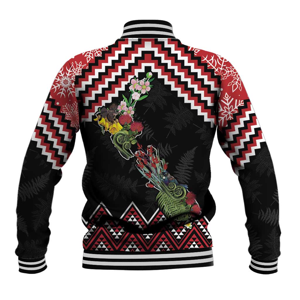 New Zealand Christmas Taniko Poutama Baseball Jacket Flora Map with Birds - Aussie Hoodie