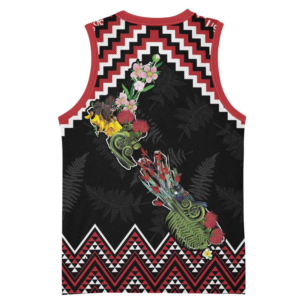 New Zealand Christmas Taniko Poutama Basketball Jersey Flora Map with Birds - Aussie Hoodie