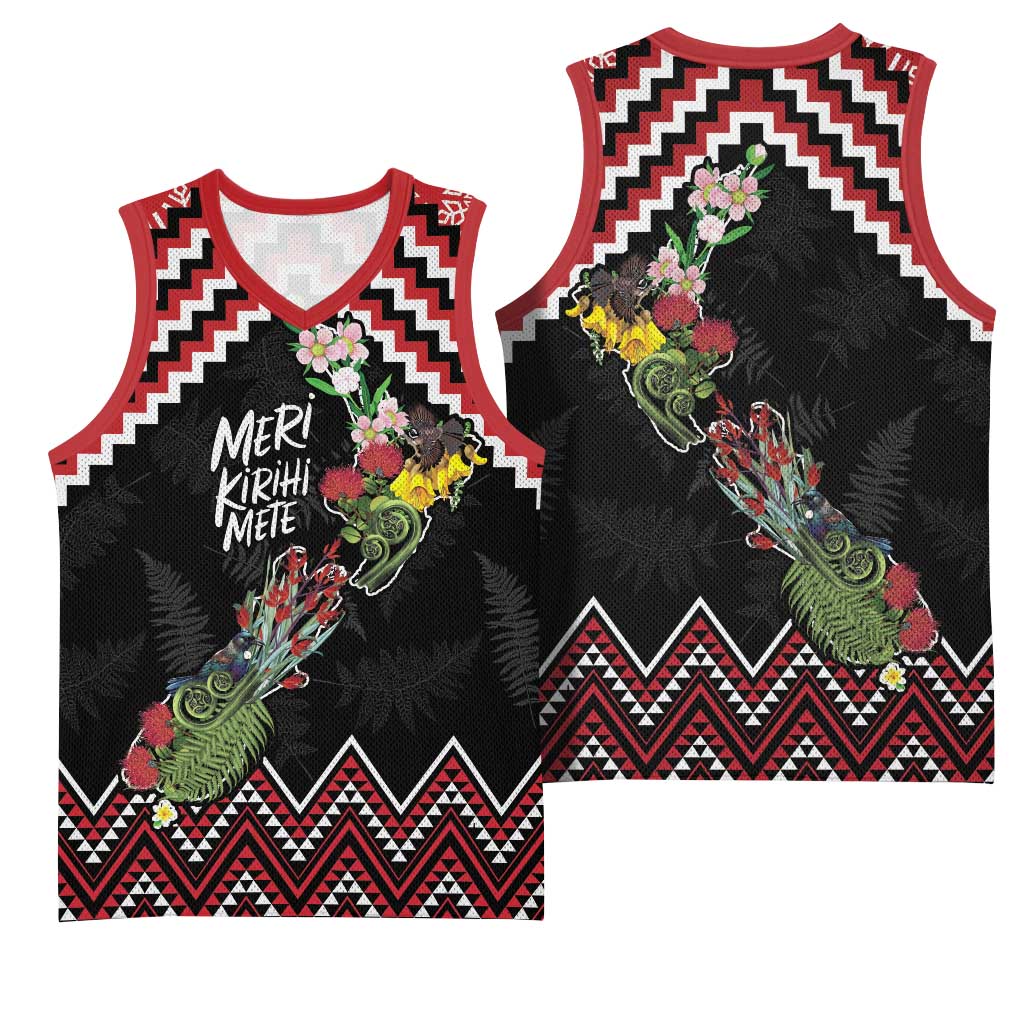 New Zealand Christmas Taniko Poutama Basketball Jersey Flora Map with Birds - Aussie Hoodie
